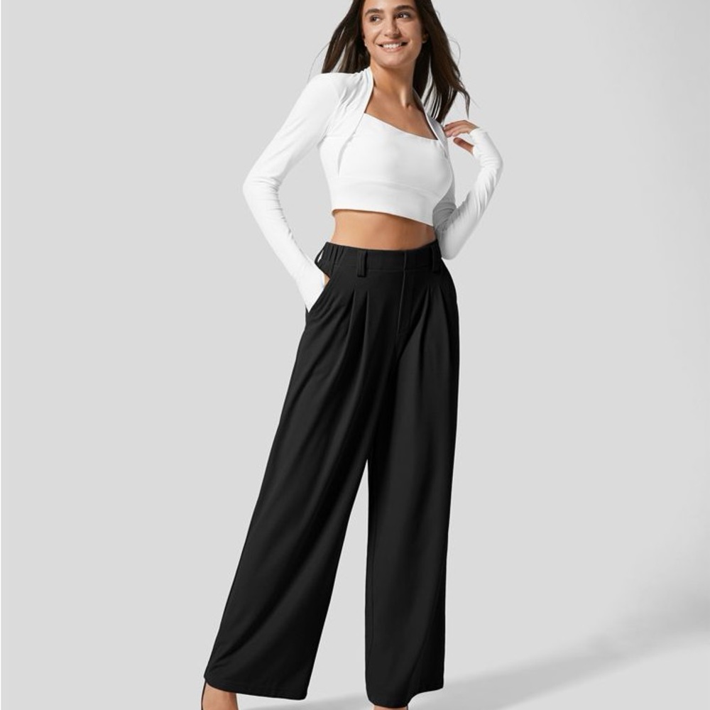 High Waisted Plicated Side Pocket Wide Leg Waffle Work Pants - petite